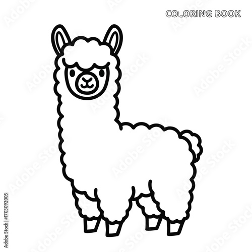 Cute cartoon style alpaca with fluffy wool standing and facing forward in a simple black and white outline