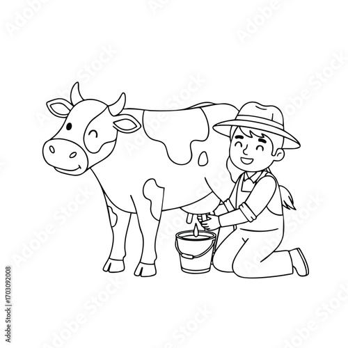 A cheerful farmer milking a spotted cow with a bucket in a simple black and white line art illustration