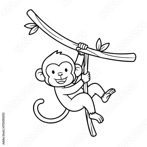 Cute cartoon monkey hanging and swinging joyfully from a leafy tree branch in a playful and lively pose