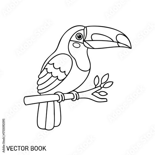 Black and white vector illustration of a toucan bird perched on a leafy branch with detailed beak and feathers outline
