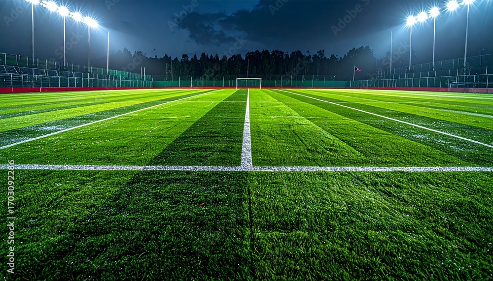 Obraz premium Empty soccer stadium pitch at night illuminated by bright floodlights, ready for a game.