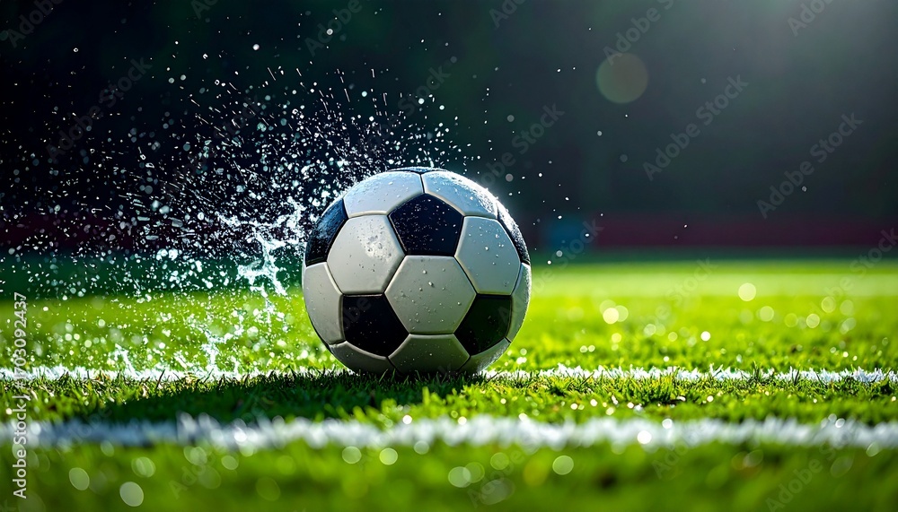 Fototapeta premium Soccer ball on the grass with water droplets and a white line.