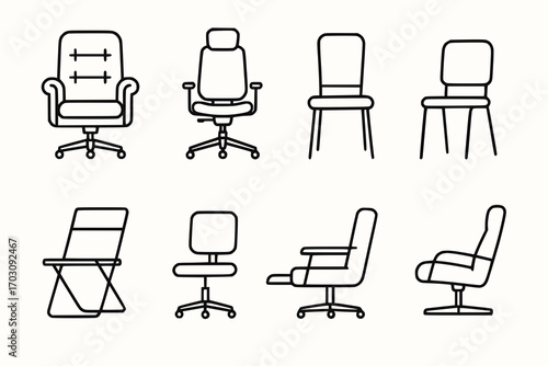 Minimalist line icons of specialized office chairs and seating