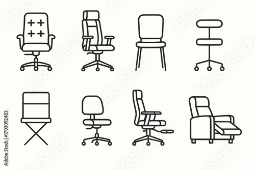 Minimalist line icons of specialized office chairs and seating