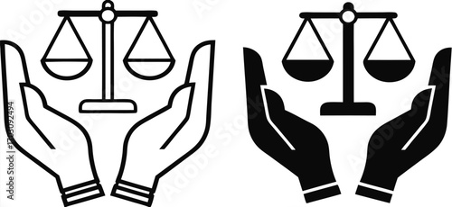Fair Icons. Black and White Vector Illustrations. Scales of Justice in Human Hands. Acting Impartially, According to Truth. Concept Fairness

