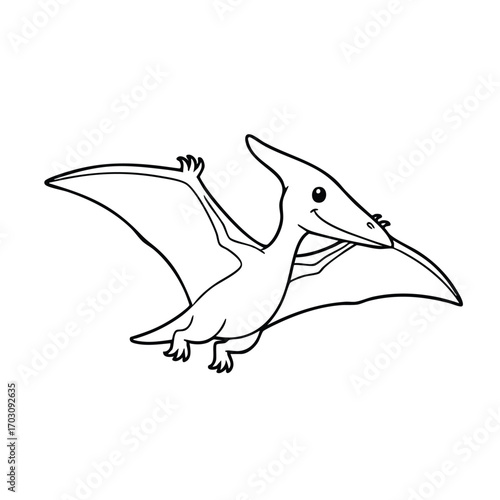 A simple black and white line drawing of a smiling pterosaur with outstretched wings flying in the air