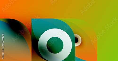 Abstract design features vibrant gradients, overlapping shapes, circular elements. Modern aesthetic, bright colors create dynamic composition.
