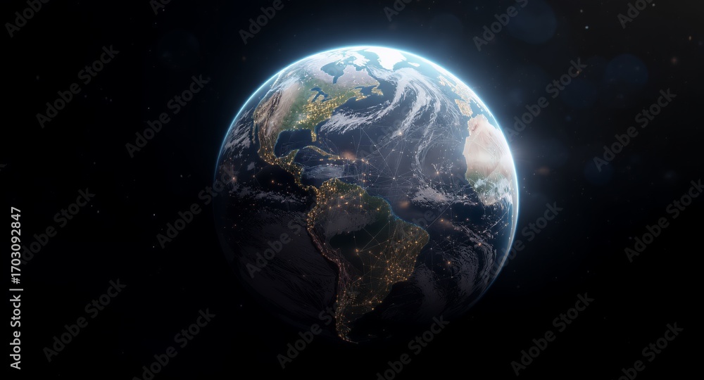 Fototapeta premium Global Network Connections, Planet Earth at Night, Illuminated Cities, Digital World, Space View, Satellite Image, Technology Background