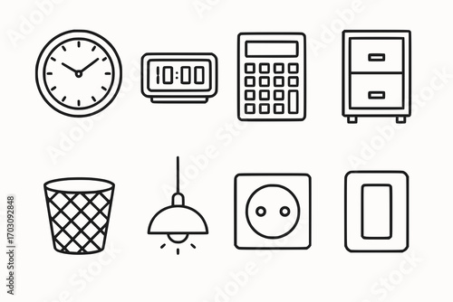 Minimalist line icons of small office equipment and details