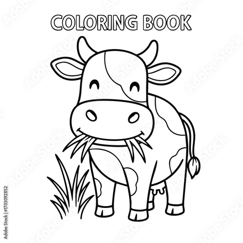 Cute cartoon cow eating grass in a black and white coloring book style illustration for children