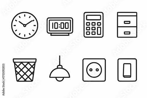 Minimalist line icons of small office equipment and details
