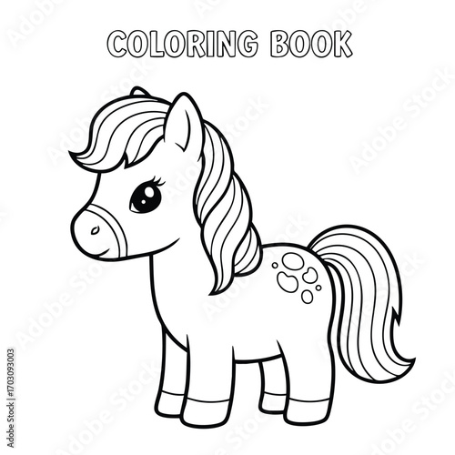 Cute cartoon pony with flowing mane and tail in a black and white coloring book style illustration