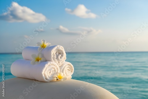 Tropical Beach Spa Relaxation White Towel Plumeria Flowers Wellness Vacation