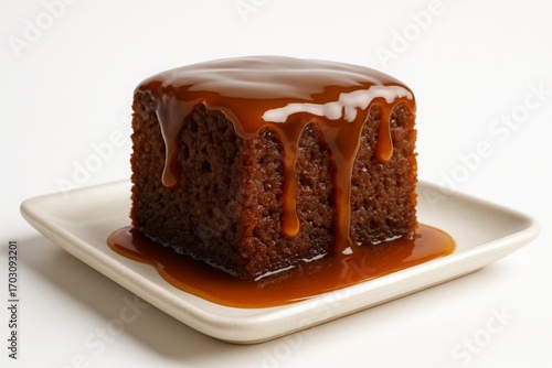 Delicious sticky toffee pudding with caramel sauce on a square plate.