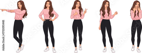 Young woman with long brown hair in casual pink sweater and black pants showing various gestures, emotions, confident, friendly poses