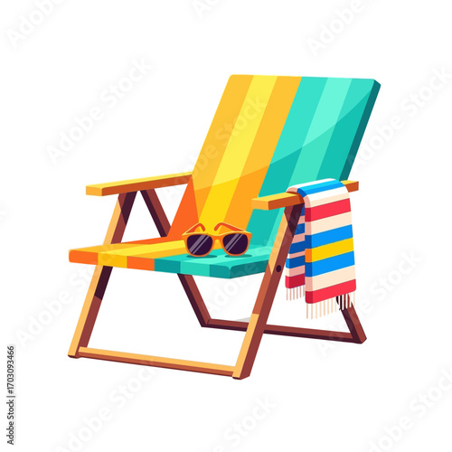 Colorful striped beach chair with wooden frame, sunglasses, and a matching striped towel.