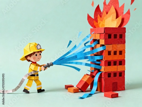 Child dressed as firefighter using a hose to extinguish a large cartoonish brick building with flames du a playful safety demonstration
