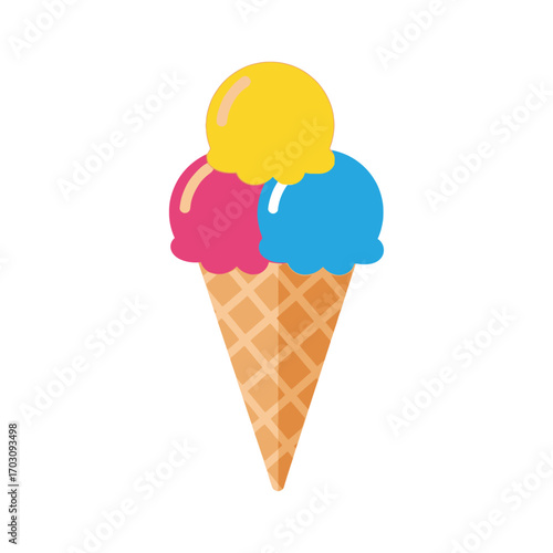 Colorful Triple Scoop Ice Cream Cone with Yellow, Pink, and Blue Flavors.