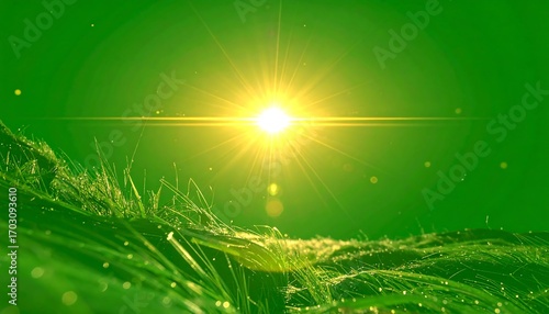 Vibrant green landscape with a bright sun