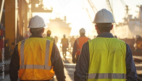Two construction workers in safety vests and hard hats stand with their backs to the camera, looking towards a bright, sunny scene with other workers and ships