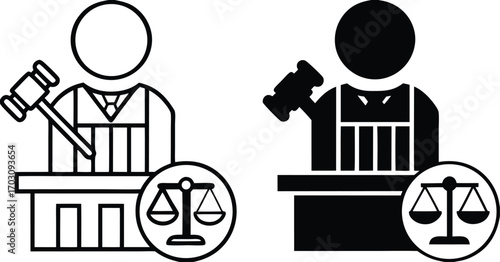 Judge Icons. Black and White Vector Illustrations. Judge, Gavel, and Scales. Official Who Considers and Resolves Civil, Criminal, and Administrative Cases. Justice Concept

