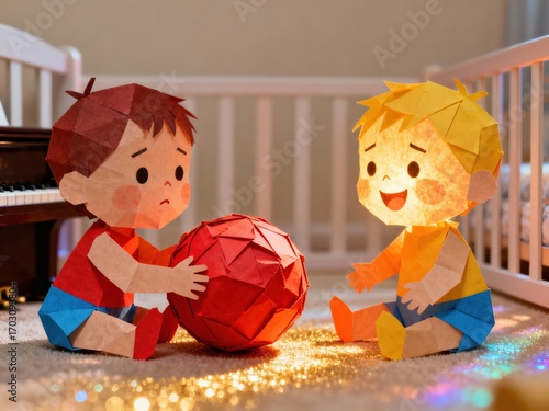 Cute colorful handcrafted paper boy and girl dolls playing with large red paper ball in nursery room with crib and soft lighting