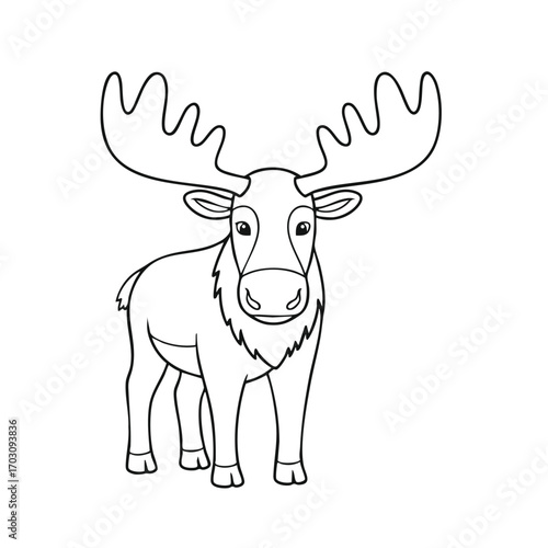 A detailed black and white line drawing of a moose with large antlers standing and facing forward on a white background