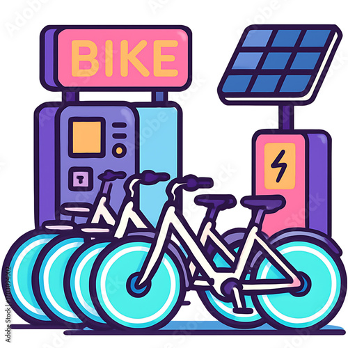 Vibrant illustration of a modern bike sharing station powered by sustainable solar energy, representing an eco-friendly urban mobility concept