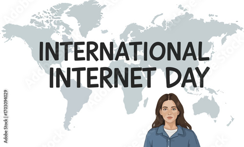 A woman celebrates international internet day with a world map backdrop, highlighting global connectivity and digital communication