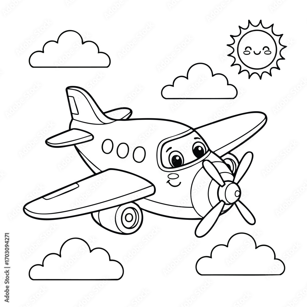 Naklejka premium Cute cartoon airplane with smiling face flying among fluffy clouds under a cheerful sun in a clear sky illustration