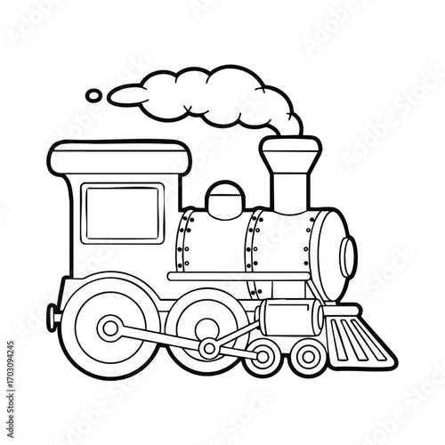 Black and white line drawing of a vintage steam locomotive train engine with smoke coming from the chimney