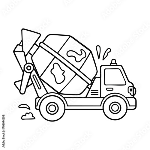 Black and white line drawing of a cement mixer truck with rotating drum and chute for concrete pouring