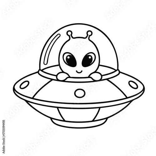 Cute alien character with large eyes inside a flying saucer spaceship outlined in black and white style