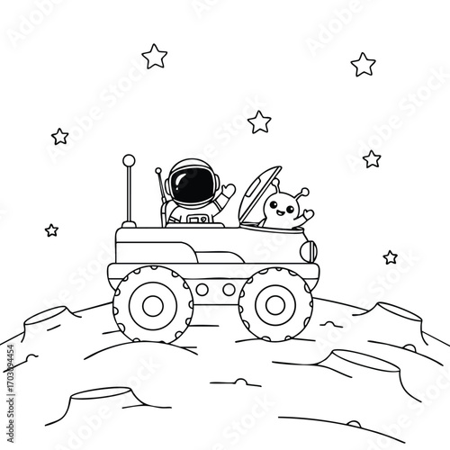 Black and white illustration of an astronaut and alien riding a rover on a cratered moon under starry sky