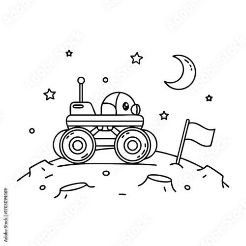 Black and white line art of a space rover exploring a cratered with stars and crescent moon in the background