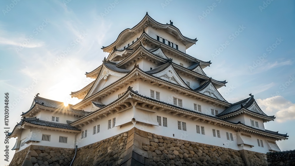 Fototapeta premium Low Angle View of Himeji Castle Main Keep in Hyogo Japan with Clear Bright Daytime Sky