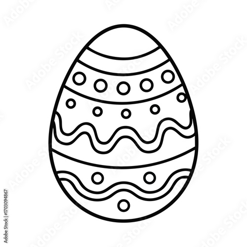 Black and white line art of an intricately decorated Easter egg with various patterns and shapes on a white background