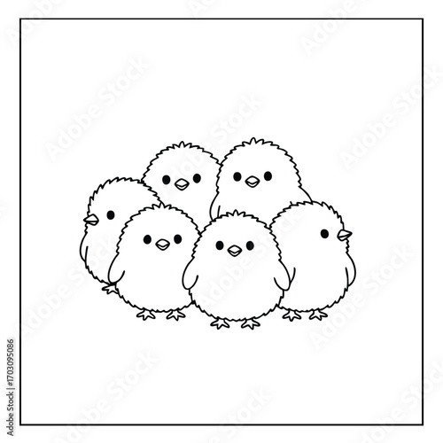 Illustration of six cute fluffy chicks grouped closely together in a simple black and white line art style