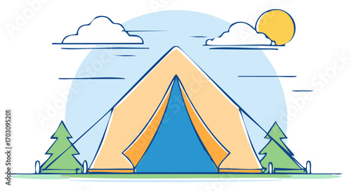 Camping tent in a sunny day, cartoon style illustration