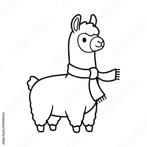 Cute cartoon llama wearing a scarf in a simple black and white line art style standing and looking forward