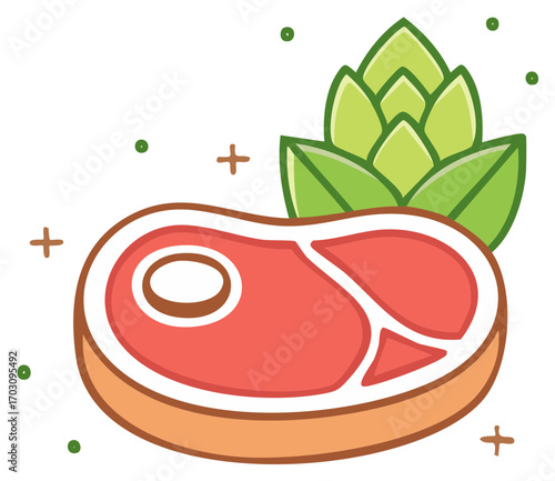 Cartoon style illustration of a steak with artichoke, food vector
