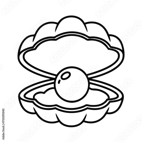 Black and white line drawing of an open clam shell with a pearl inside centered on a white background