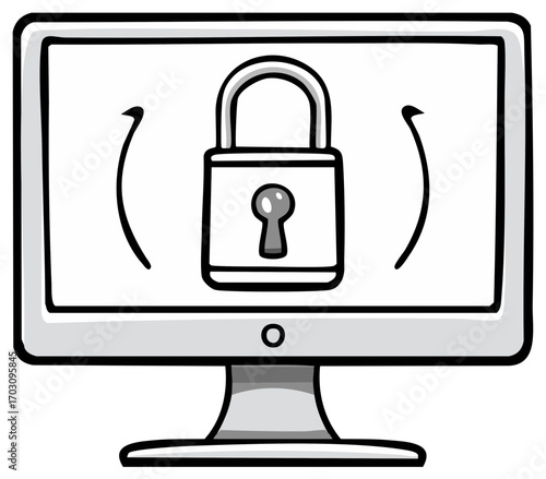 Computer Monitor Screen Displaying Padlock Icon with Refresh Arrows for Security Concept Design