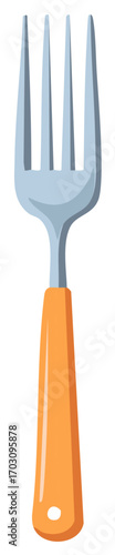 Simple Illustration of a Four Tined Metal Fork with an Orange Handle and a Hole