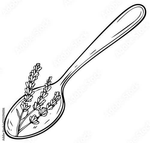 Simple Line Drawing of Spoon Holding Lavender Flowers Herbs Decorative Element