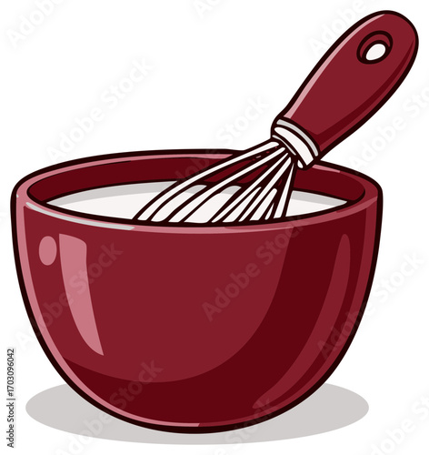 Red mixing bowl with whisk cartoon illustration for baking and cooking