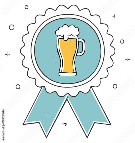 Beer award badge with ribbon and beverage icon illustration design.