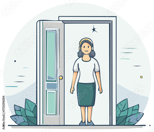 Young woman standing in doorway, facing forward - cartoon illustration for various concepts