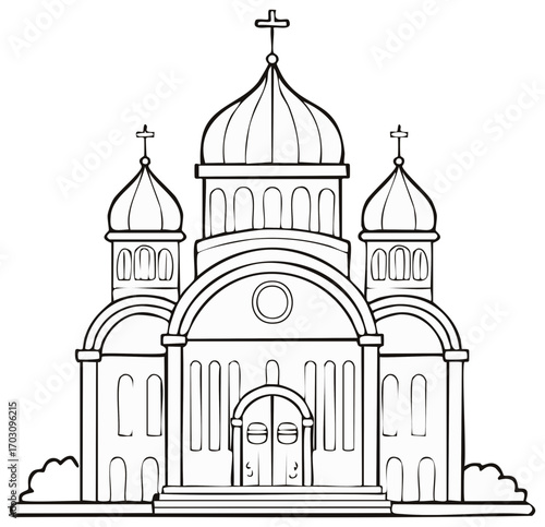 Ornate Orthodox Church Line Art Drawing with Domes and Crosses, Architectural Outline