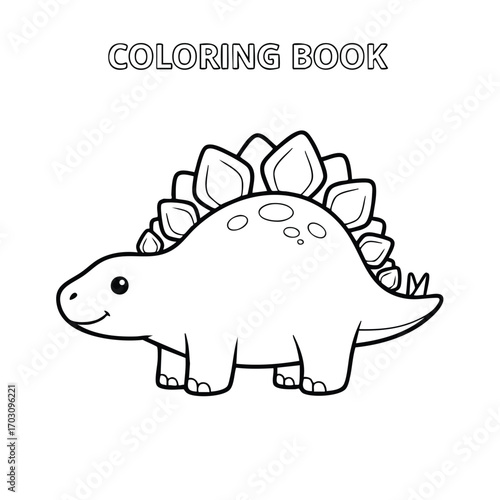 Cute smiling stegosaurus dinosaur outline drawing for children in a simple coloring book style illustration